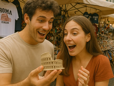 A couple laughing over a tiny Colosseum souvenir.