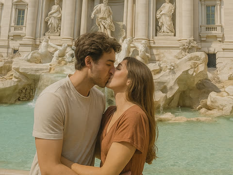 A kiss at the Trevi Fountain.